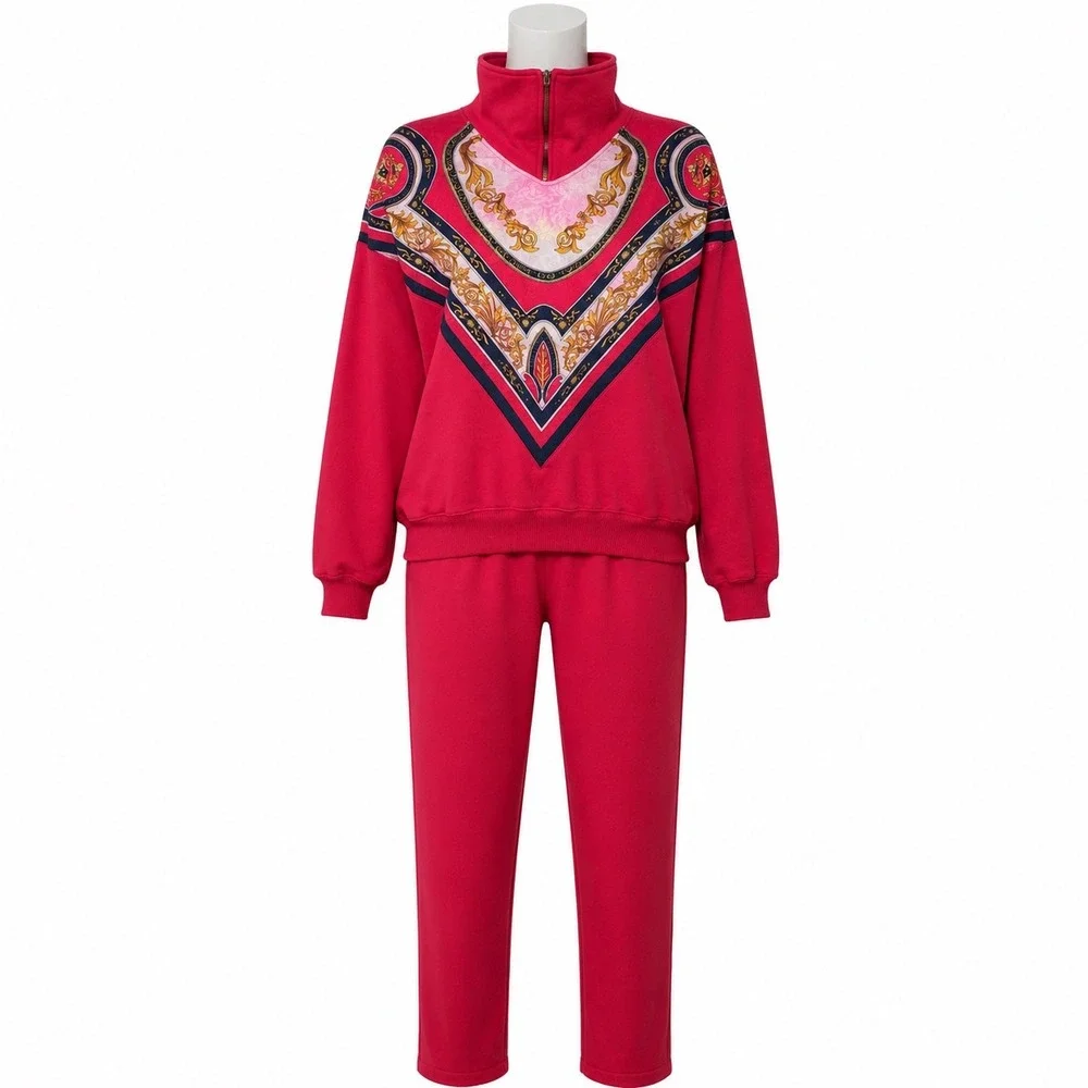 Vintage Bocoo 2 Pc Sweatsuit Baroque Scarf Print Pink Womens Medium 80s Retro